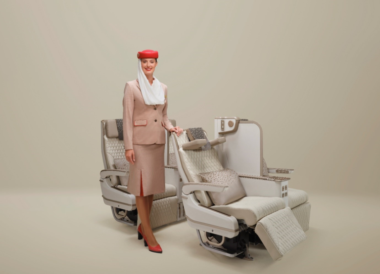 Emirates electric Premium Economy seat with full-height privacy screen
